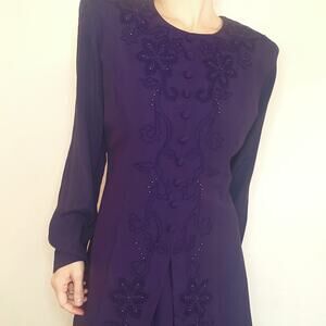 Vintage NWOT Rayon Midi Long Sleeve Dress Purple Tired Embellishments Size 12